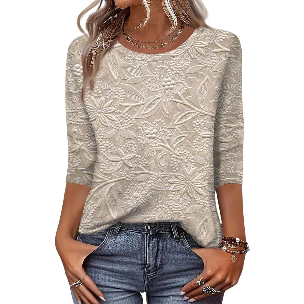 Women's Fashion Casual Three-Quarter Sleeve Floral Print Round Neck Top