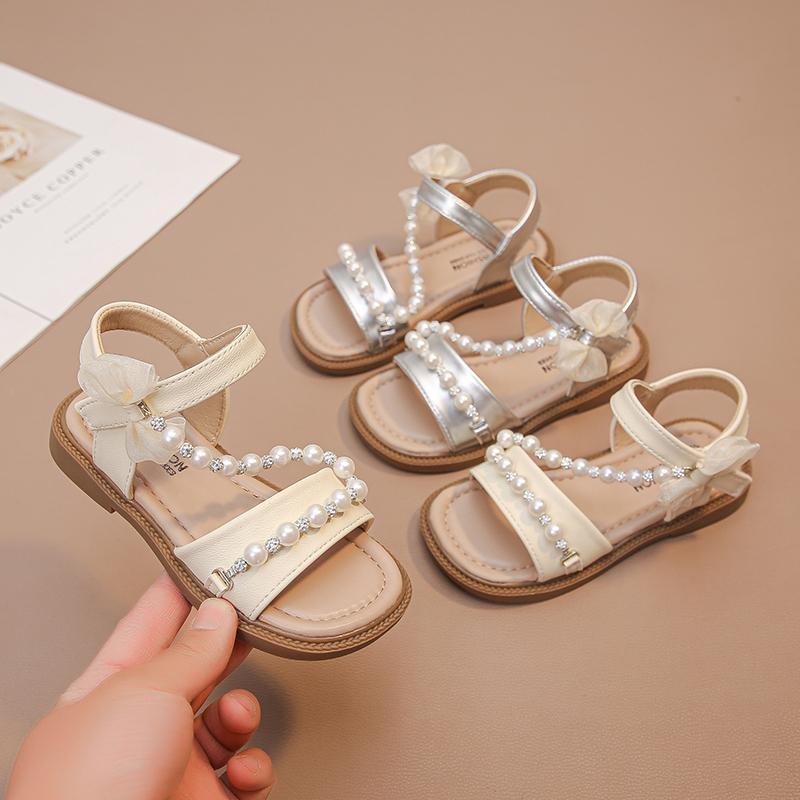 Girls Sandals Open Toes Mesh Lace Bows Kids Beach Shoes Soft Sole Sweet 2025 Summer New Children Princess Shoes Shiny Crystal