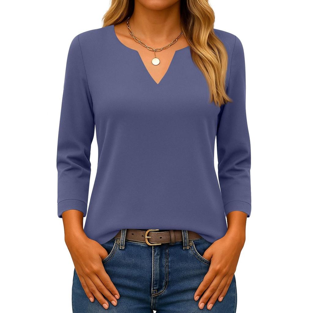Damen-Tops mit 3/4-Ärmeln, V-Ausschnitt, Basic-T-Shirt, einfarbige Blusen für Damen, Freizeit