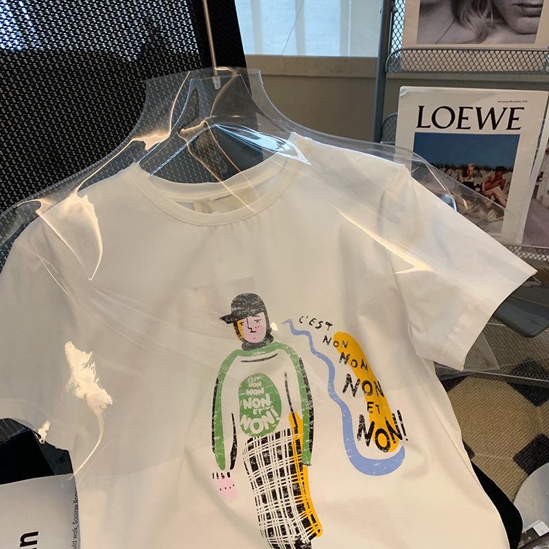 200g pure cotton back bag collar 2025 early spring new portrait printing short-sleeved T-shirt women's summer round neck trendy top