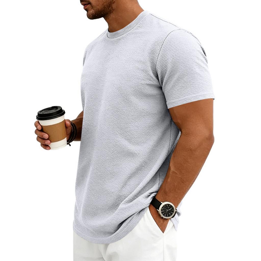 Men's Textured Fabric Loose Stretch Round-neck Short-sleeved Shirt