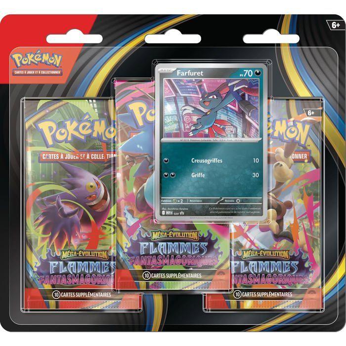 Blister de 3 boosters - POKEMON - Méga-Évolution – Flammes Fantasmagoriques - 1 carte promo brillante - Couleur bleu - Dès 3 ans