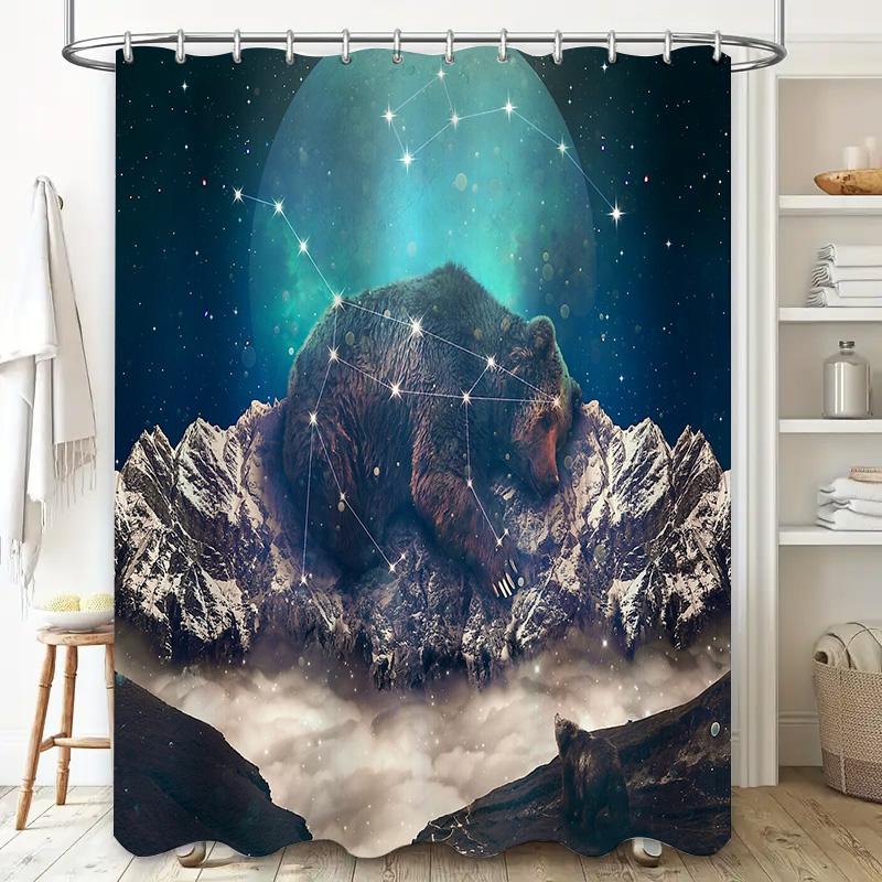 Mountain Forest Bear Shower Curtain Nature Wildlife Backdrop Waterfall Woodland Tapestry Home Decor Rug Artistic Room Divider