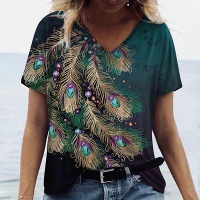 T-shirt da donna con scollo a V Stampa 3D con Piume di Pavone alla Moda Trendy Stampata a Maniche Corte