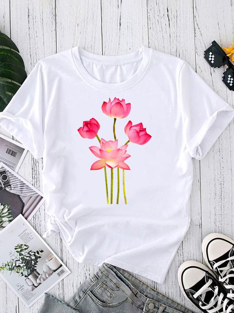 (Asian Size) sweet lovely flower Tee Fashion Print Casual Top O-neck Short Sleeve T-shirts T Graphic Female Women's Clothing