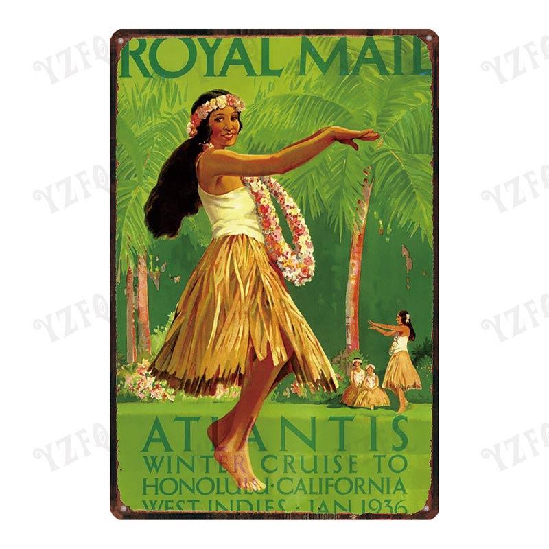 Vintage Hawaii City Painting with Hula Dancers  Metal Travel Tin Sign for Wall Decor In Pubs Cafes and Homes  Beach Metal Pla