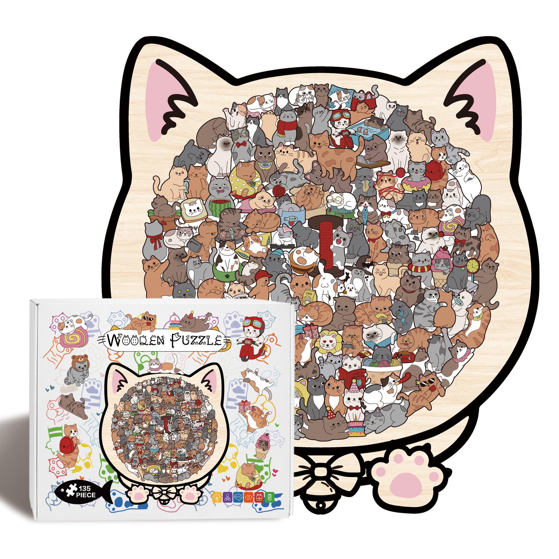 Wacocetoy Wooden Irregular Cat Jigsaw Puzzle - Educational Handmade Toy for Decompression