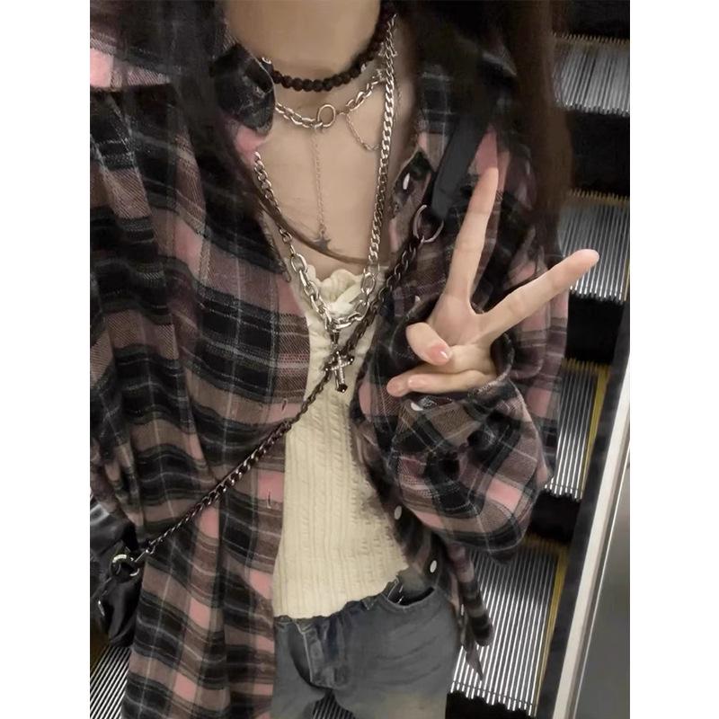 

Women s Korean Retro Black & Pink Plaid Shirt Jacket - Autumn/Winter Casual Loose Fit with Sun Protection M