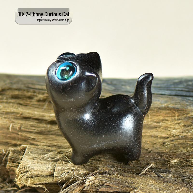 

Mini Wooden Cat Ornament in Green and Black Sandalwood - Cute Handheld Carving Handicraft