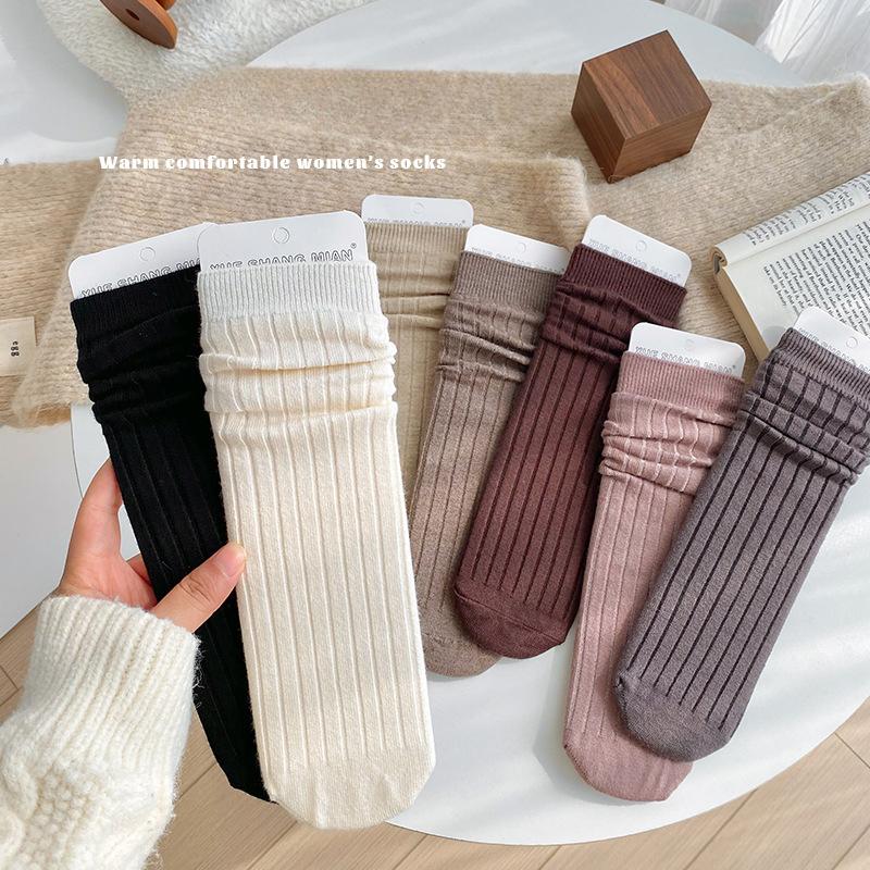 

Women s Spring and Autumn College Style Striped Thick Solid Color Cotton Mid Calf Pile Socks 1 pair верблюд