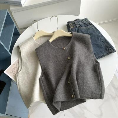 Gentle Single Row Small Button Round Neck Knitted Vest Cardigan for Women Korean Style Sleeveless Camisole Top for Outerwear