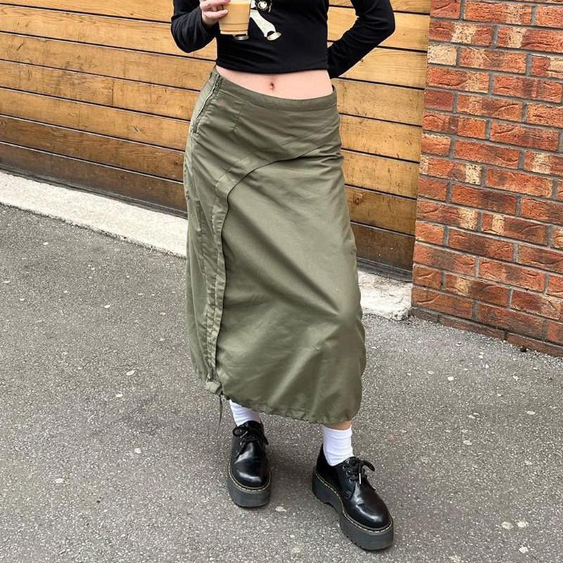 2023 Fashion Retro Straight Skirt Preppy Grunge Streetwear Y2K Vintage High Waist Shirring Long Skirt Women