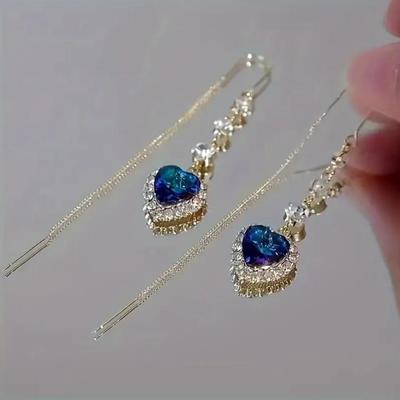 Exquisite Blue Heart Shape Zircon Earrings For Women Luxury Long Tassel Ear Line Dangle Earring Wedding Party Jewelry For Women AVE