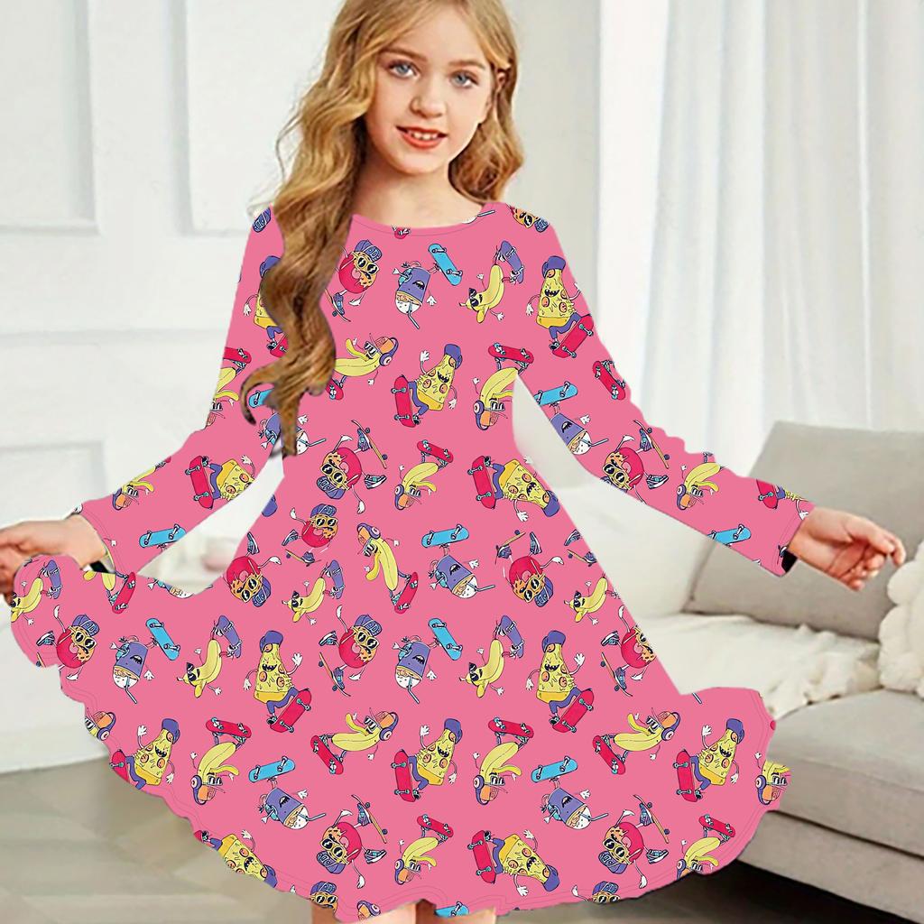 Mädchen Freizeitkleid mit Früchte-Print Rundhalsausschnitt Langarm Kinder Prinzessinnenkleid