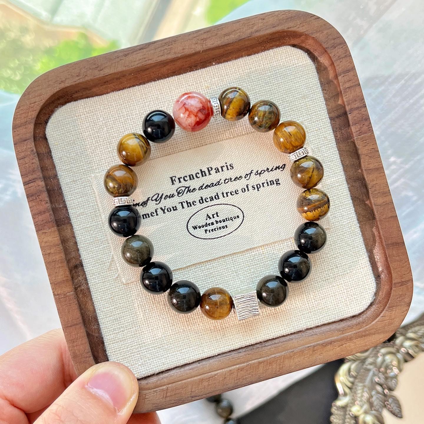 Natural Red Glue Flower Obsidian Tiger S Eye Design Bracelet