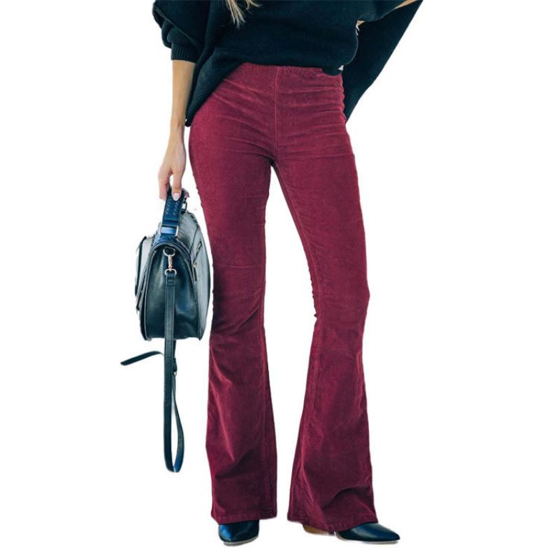 2026 Spring/Summer Women's Solid Color High-Waisted Slim Fit Slight Flare Corduroy Elastic Waist Casual Pants
