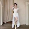 Ballet square neck strap white dress women's summer bubble sleeves ruffle edge long dress short sleeves high-end skirt