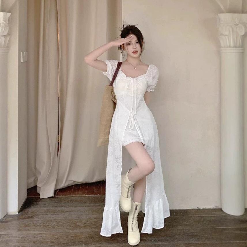 Ballet square neck strap white dress women's summer bubble sleeves ruffle edge long dress short sleeves high-end skirt