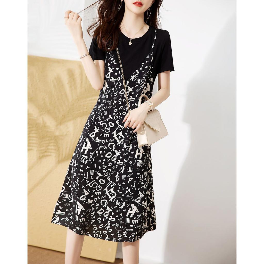 Updated Summer Fake Two-piece Meat-covering Suspender Skirt Printed Slim Fit and Age-reducing Korean Womens Dress