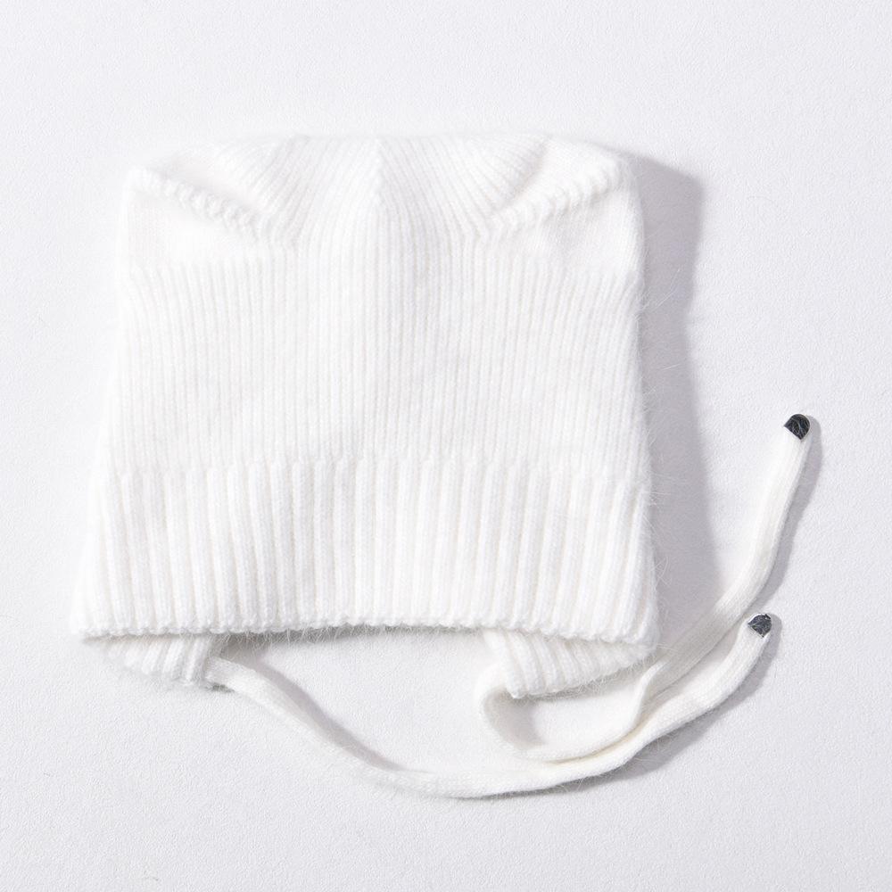 Solid color Angora long rabbit hair lace-up cat ear hat warm wool hat knitted hat windproof ear protection