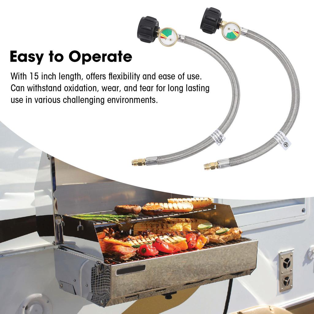 2Pcs RV Hose with Gauge 1/4in Male NPT QCC Type1 Inlet 350 PSIG 15 Inch Stainless Steel Hose for Camping Picnic Outdoor