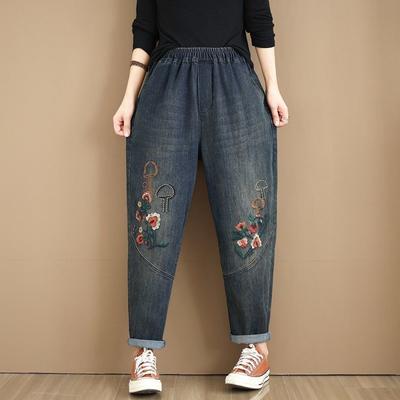 Autumn Embroidered Mushroom Elastic Haren Pants Women's High Waist Versatile Retro Cowboy Pants Dark