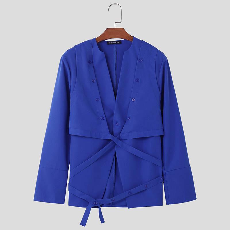 INCERUN Pánská košile s výstřihem do V vpředu s překříženými knoflíky Jednobarevné topy se stuhou s dlouhým rukávem