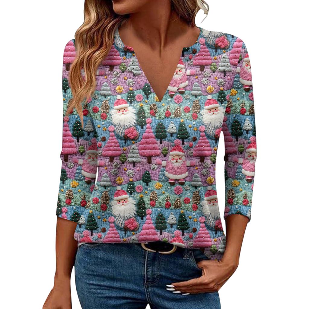 Women's Casual Fashionable Sexy Comfortable V-Neck Christmas Three-Quarter Sleeve Top