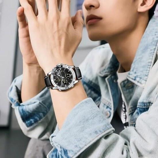 Mens watch analog-digital quartz 5 ATM water-resistant luminous genuine leather strap multifunctional date stopwatch alarm dual time business stylish