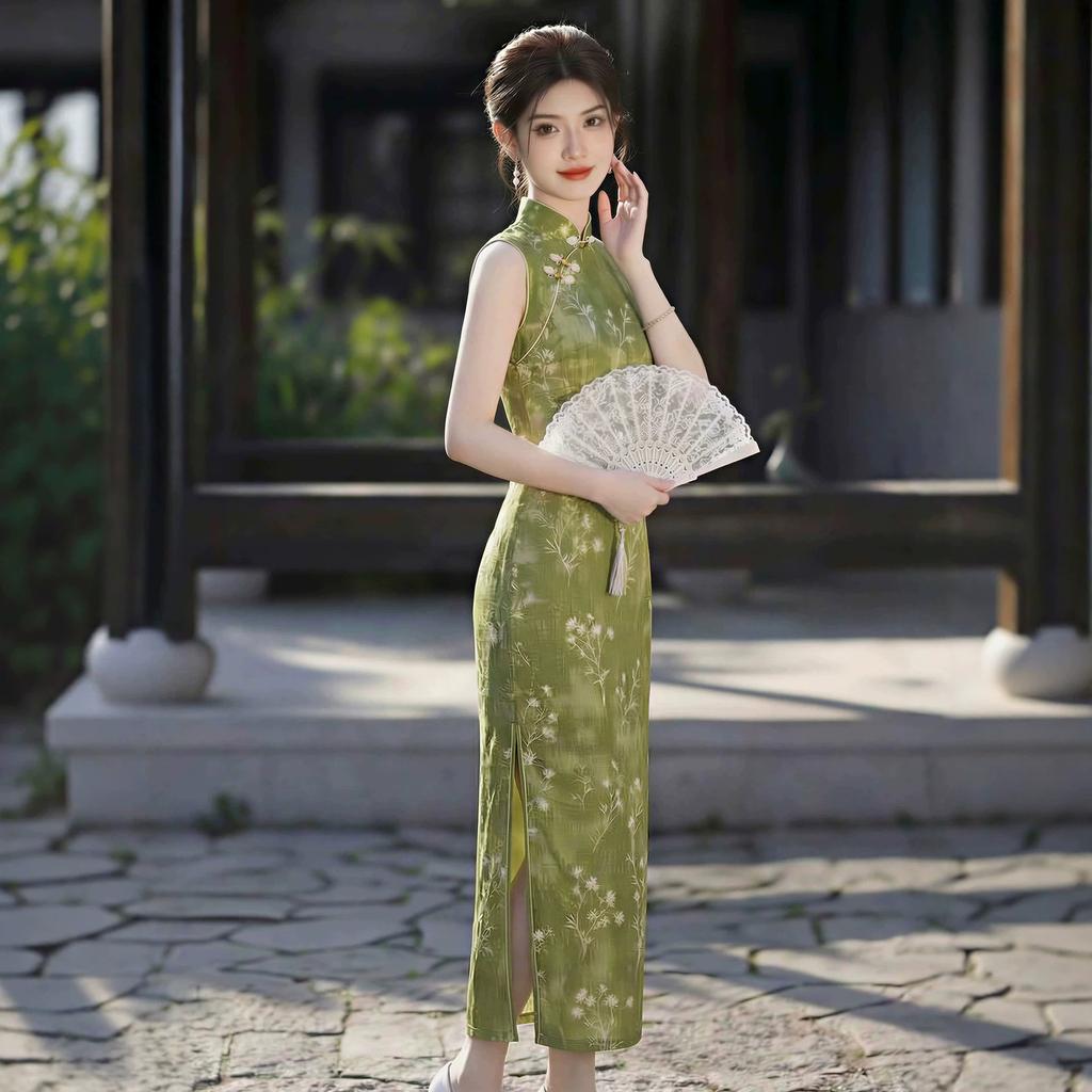 Retro green 1 cheongsam women's stand-up collar jacquard sleeveless long classic slim new Chinese style dress