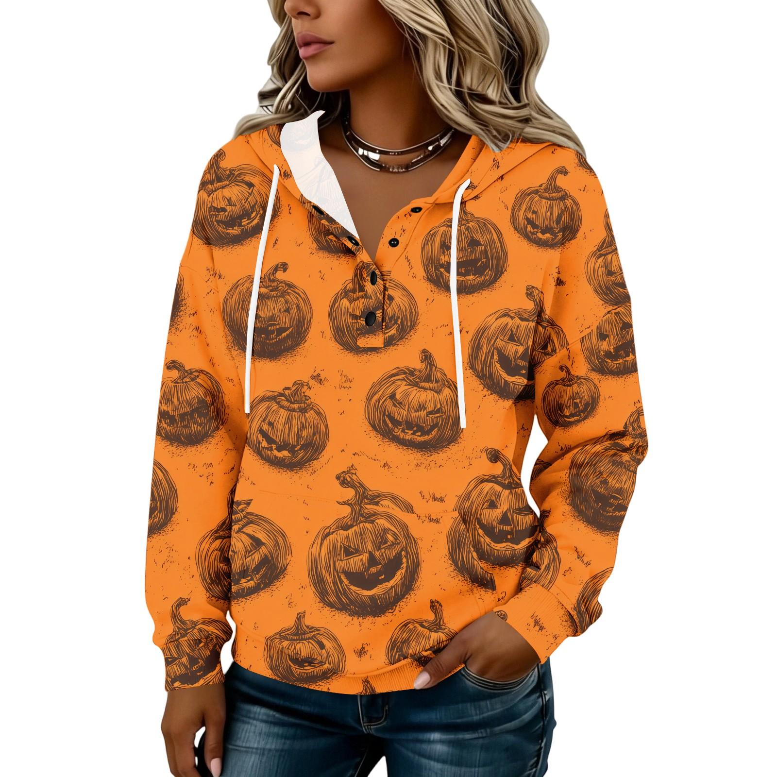 Women s Fashion Button Front Hoodie with Halloween Print Pullover Sweatshirt for Casual Everyday Wear S