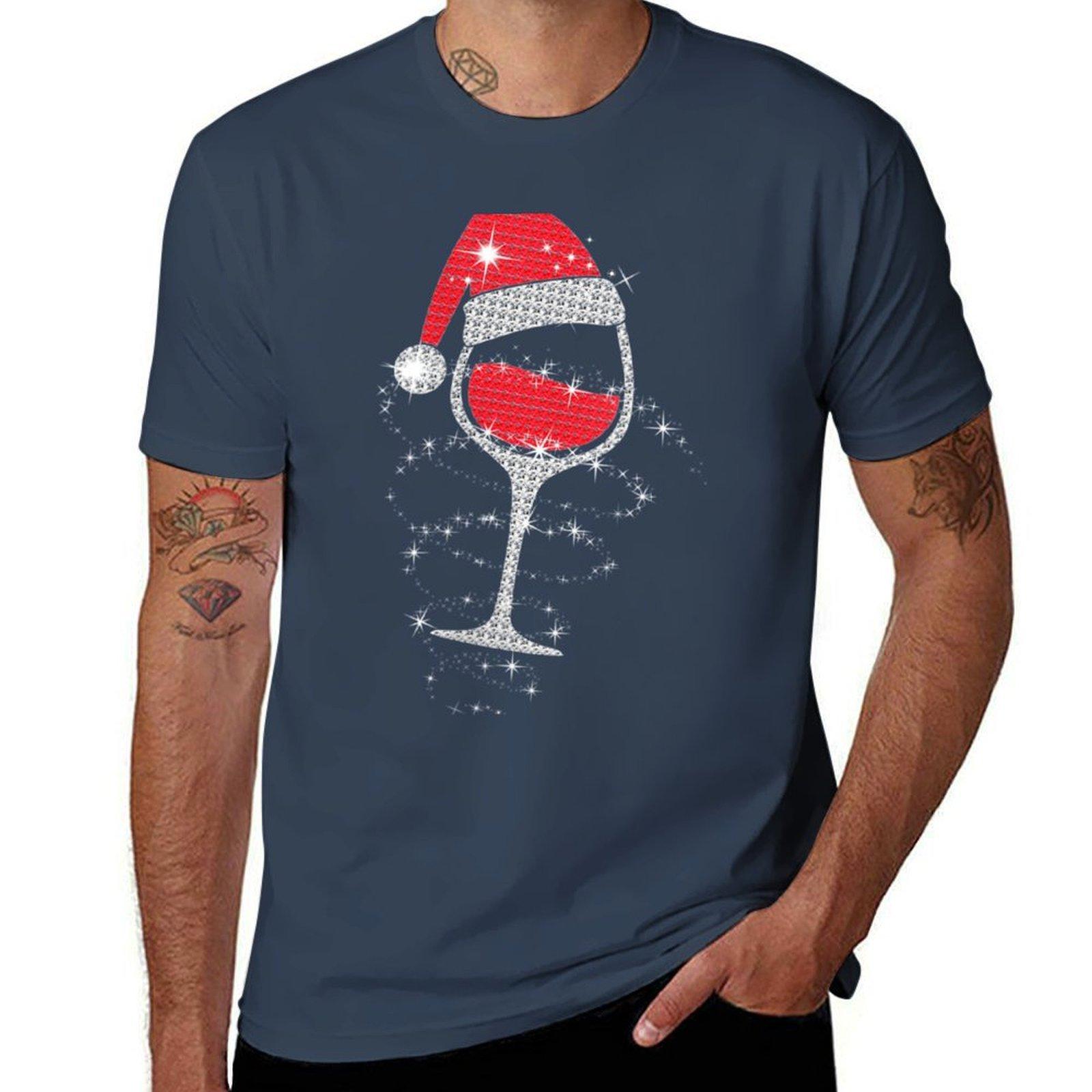 WoUnisexs Wine Glasses Santa Hat Christmas Funny Wine Lover Gifts Xmas TShirt Basic Breathable Solid Color TShirt S