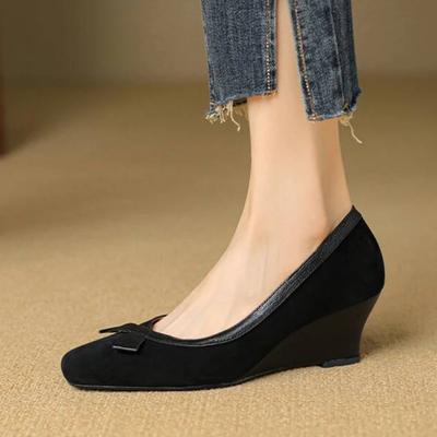 Women Shoes Suede Leather Shoes for Women Pointed Toe Chunky Heel Women Pumps Wedges Slipsole Shoes