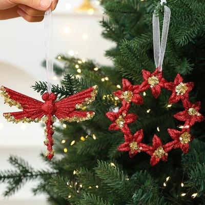 Gold Sequin Christmas Tree Pendant Butterfly Knot Girl Xmas Tree Pendant Ice Bar Dragonfly Glitter Snowflake Elk Ornaments