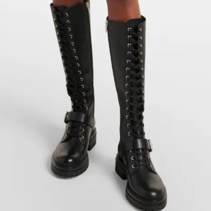 Quality Women's Knee High Boots Black Genuine Leather Winter Shoes Block Heels Lace-up Riding Boot Footwear Shoes Ladies Brand