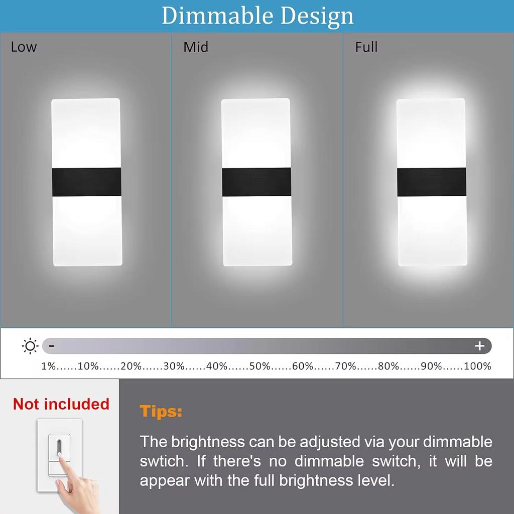 Modern Wall Sconce Dimmable Sconce Wall Lighting 12W Black Indoor Lamp Acrylic Wall Mounted Lighting