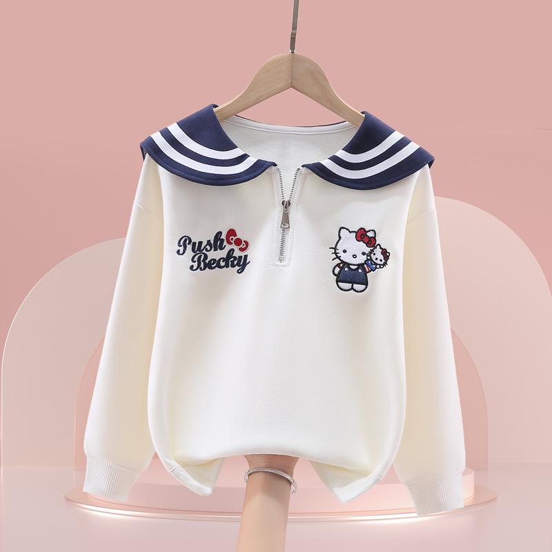 Girls' Sailor Collar Cartoon Sweatshirt - Seasonal Casual Top for Fall and Winter