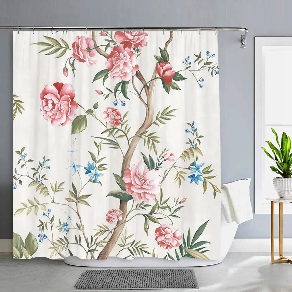 Flower Bird Shower Curtain Botanical Flower Leaf Home Decor Polyester Fabric Washable Shower Curtains Bathroom Decor With Hooks