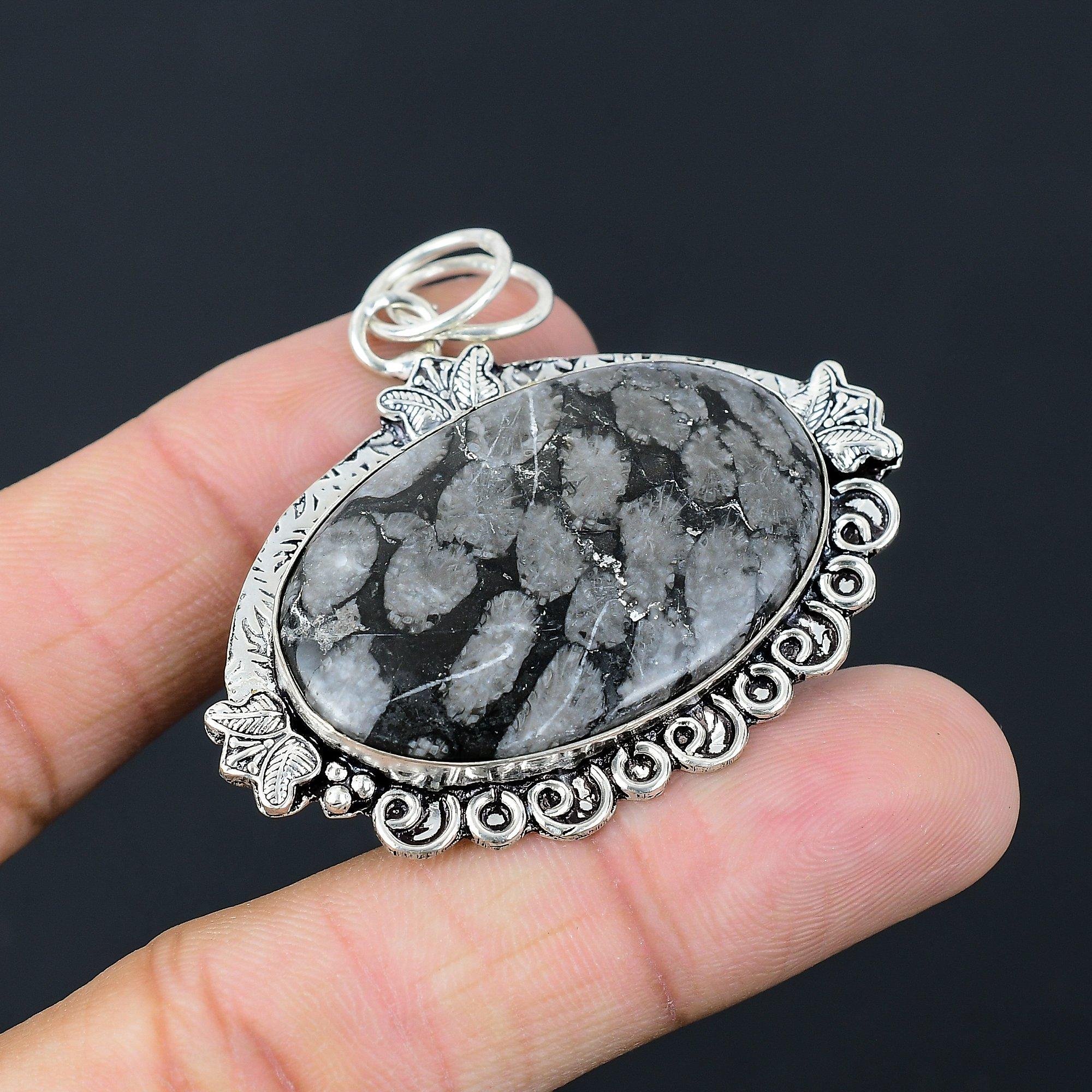 Sisters Day Sale 925 Sterling Silver Natural Black Fossil Coral Mother Pendant