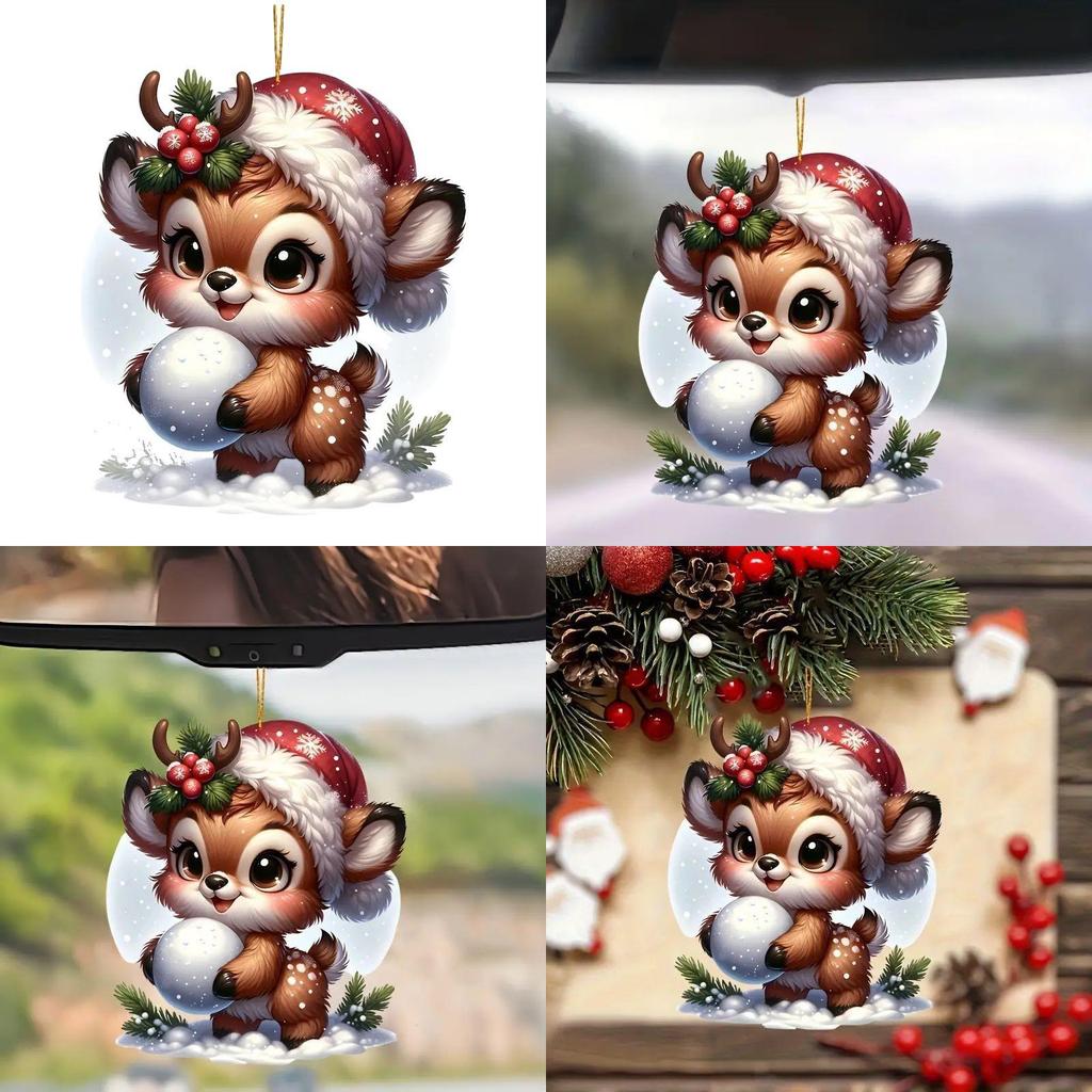 Christmas Reindeer Car Mirror Ornament With Acrylic Cartoon Design For Festive Decor