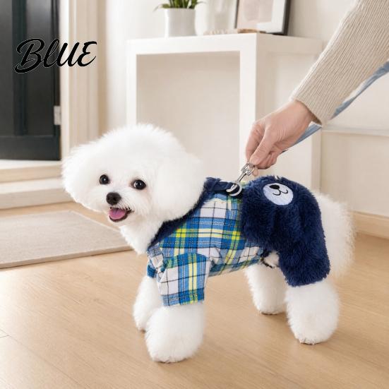 Leash Ring Dog Clothing Fuzzy Bear Jumpsuit Cute Plaid Outfit