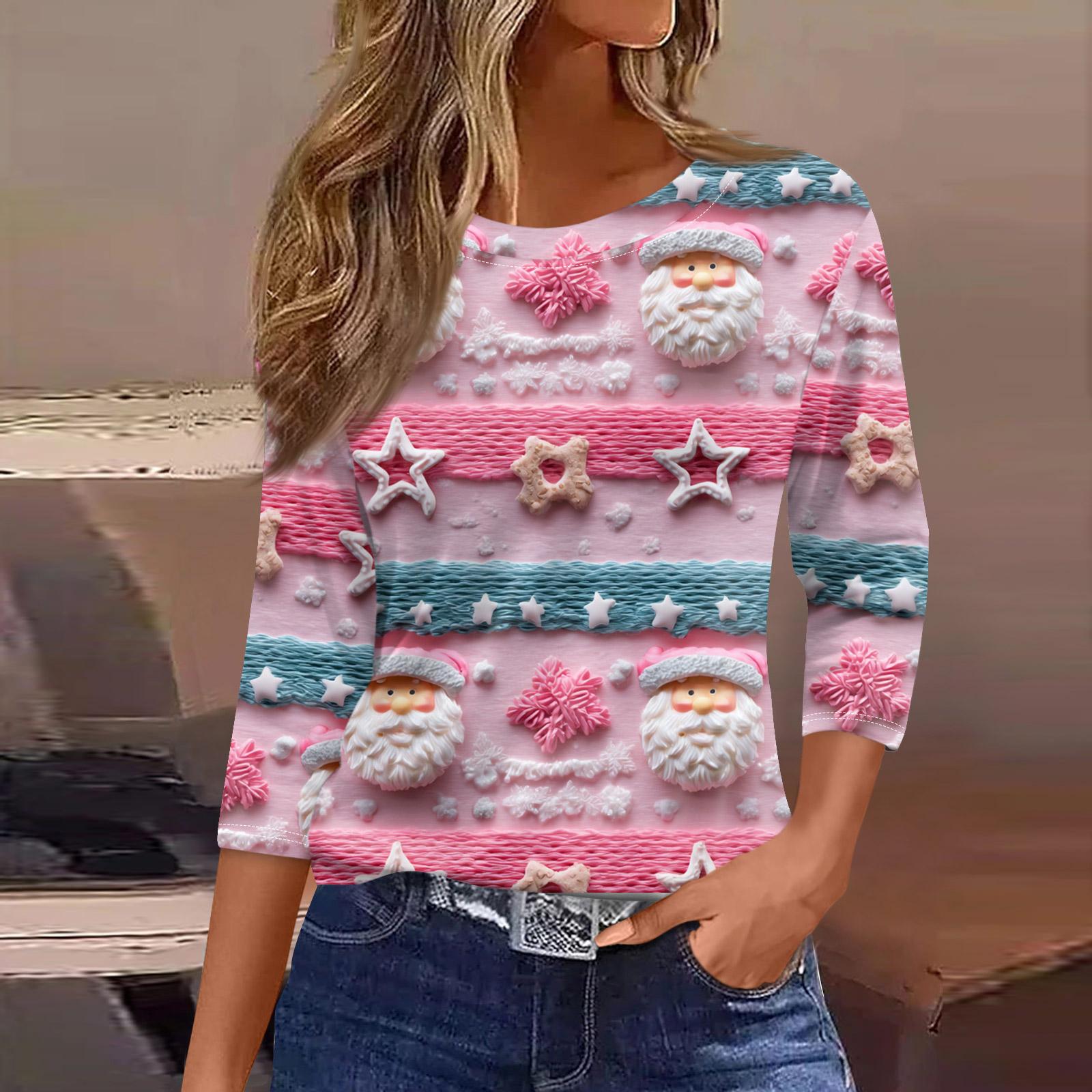 

Женская модная повседневная футболка с рукавом три четверти и рождественским принтом, круглый вырез L розовый
