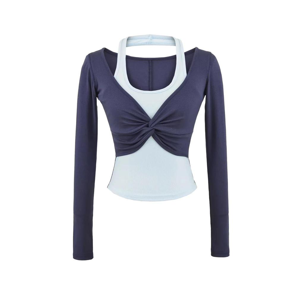American Spicy Girl Colorblock Twisted Long Sleeve Contrast Halter Shirt - Women's Spring/Autumn Slim Fit 