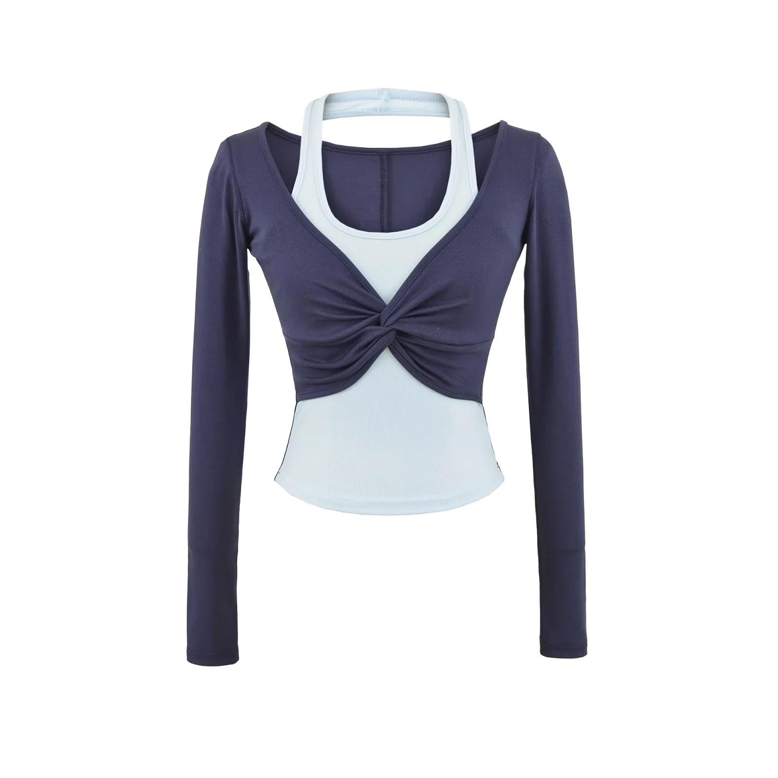 Американская Острая Девушка Цветные Блоки Скрученная Рубашка с Длинным Рукавом Контрастный Топ на Завязках - Женский Весна/Осень Приталенный Large темно-синий