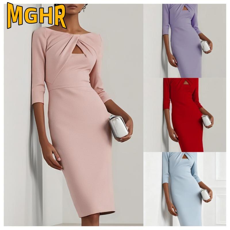 MGHR Women's Fashion Summer Spring 3/4 Sleeves Solid Color Print Casual Dresses