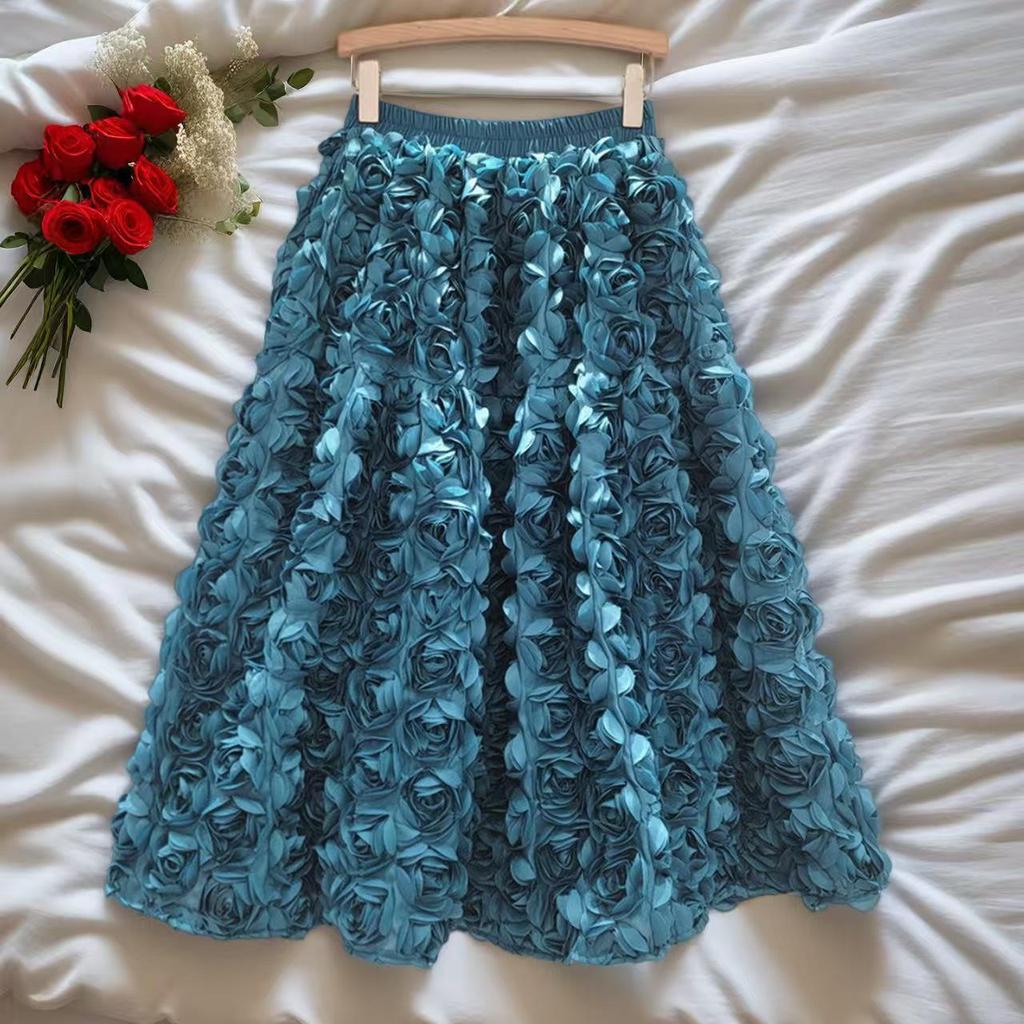 French A-Line High Waist Skirt with 3D Flowers - Spring/Winter Collection