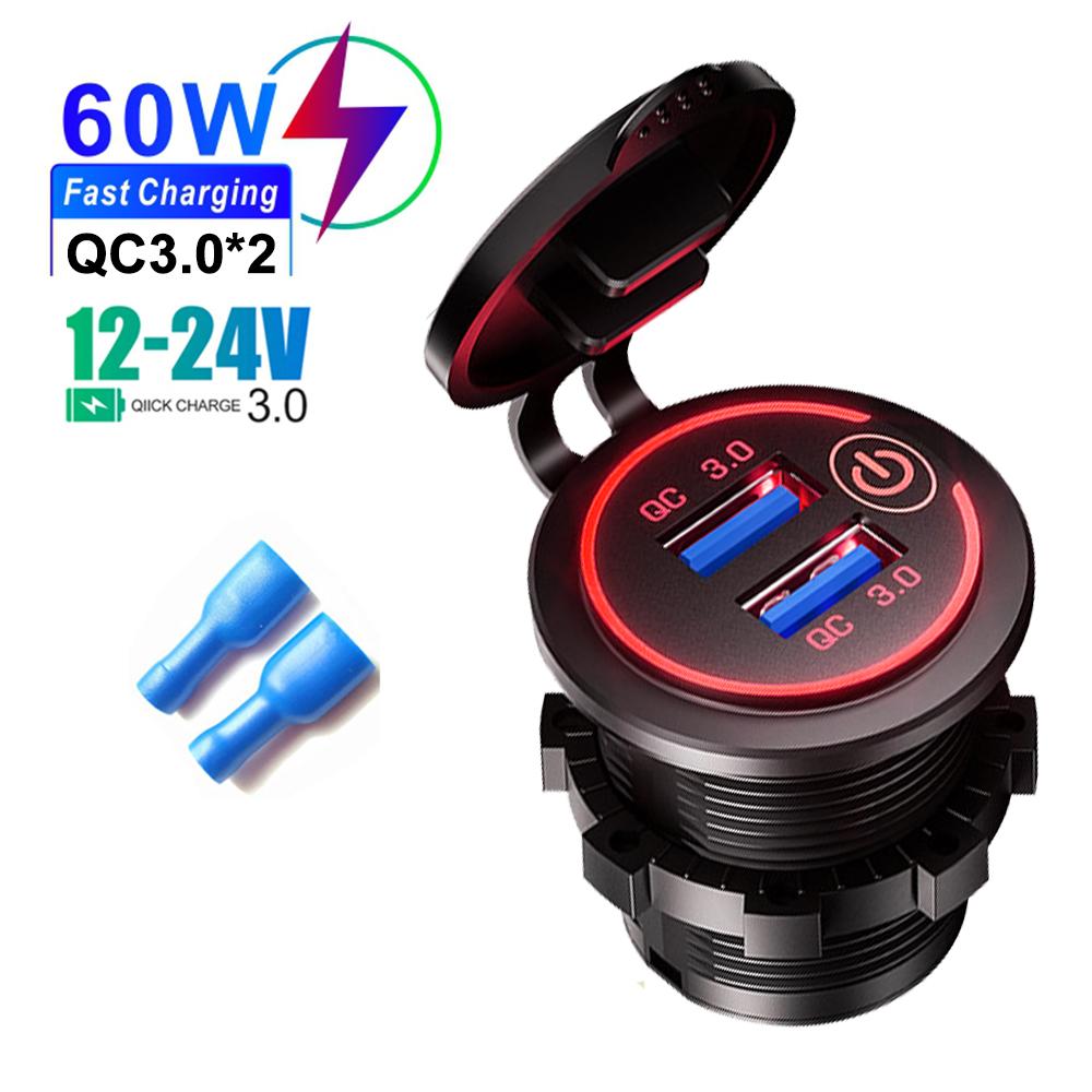 Quick Charge 3.0 Dual Usb Fast Car Charger Waterproof 12v/24v Qc3.0 Power Outlet With Touch Switch&led Light