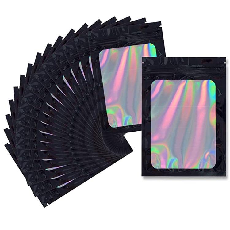 100-Pack Black Anti-Odor Polyester Holographic Self-Sealing Bags with Window for Jewelry