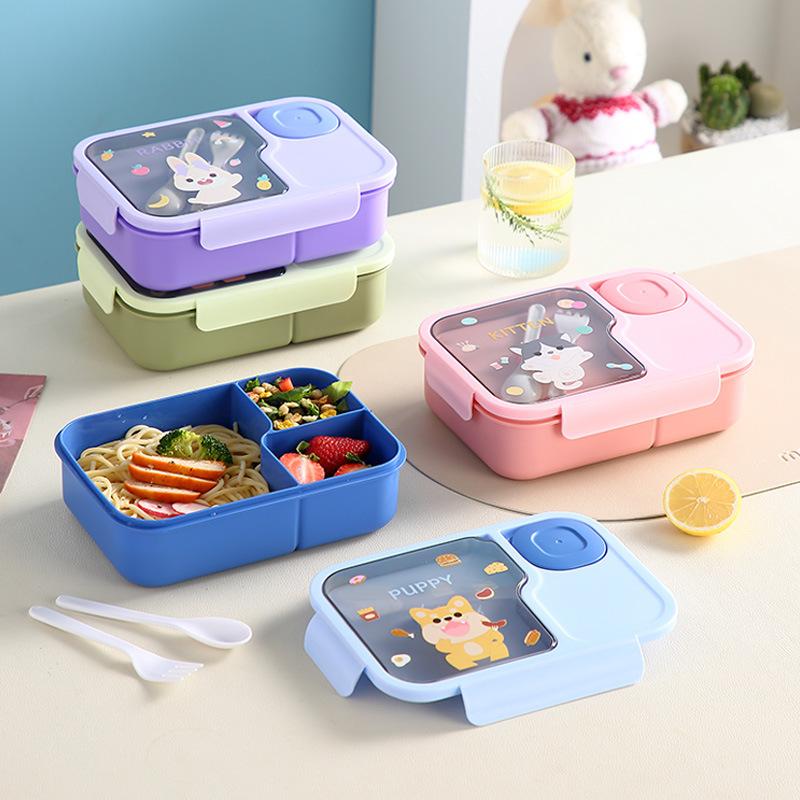 Cartoon Kid's Lunch Box Portable Bento Box with Cutlery, Dipping Container School Children's Lunch Boxes Microwaveable Food Box