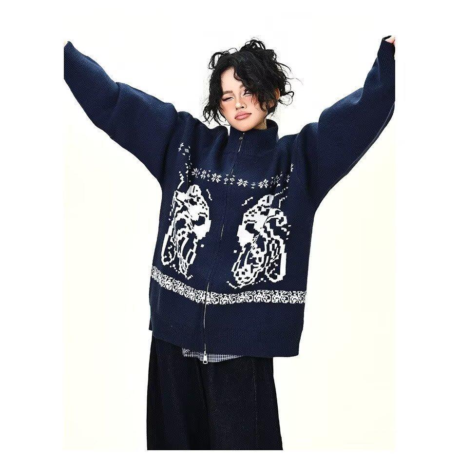 Унисекс Американский Ретро Свитер на Молнии - Универсальный Свободный Вязаный Стиль Улицы для Осени/Зимы Large